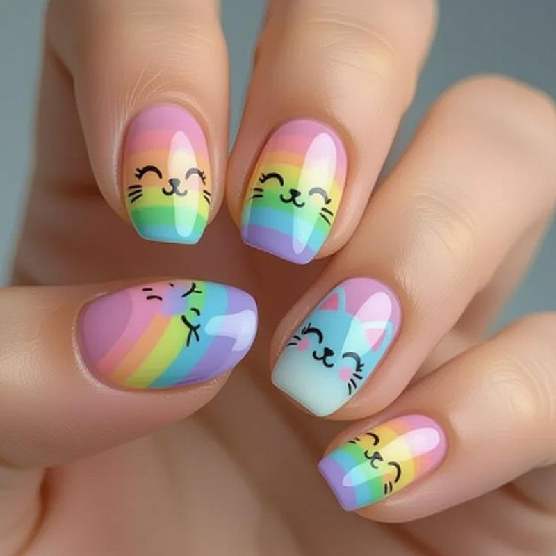 Wearable Short Square Nails with Rainbow Stripes and Cute Cartoon Cat Pattern Print Design, Removable Fake Nail Patches
