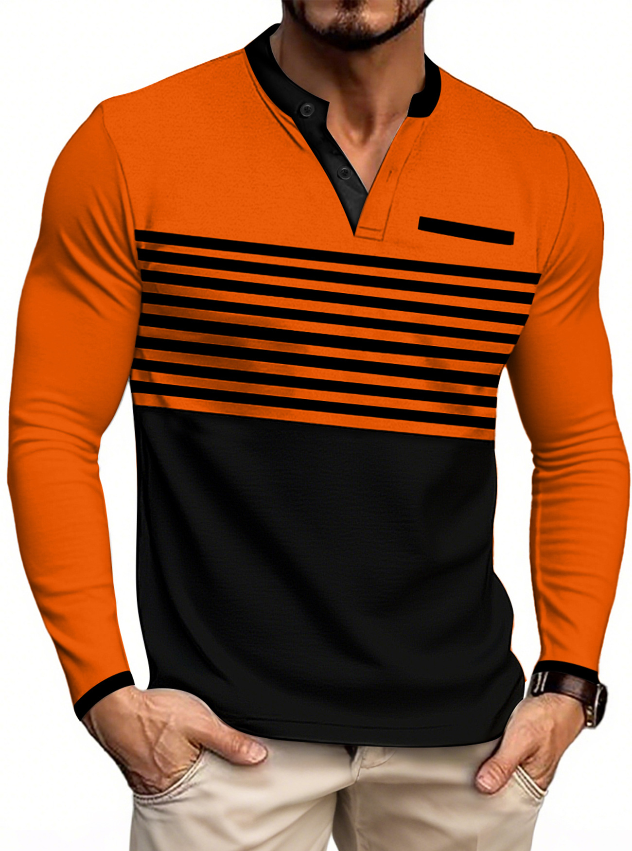 Herr henley långärmad tröja enfärgad vår höst stil_voghion.com