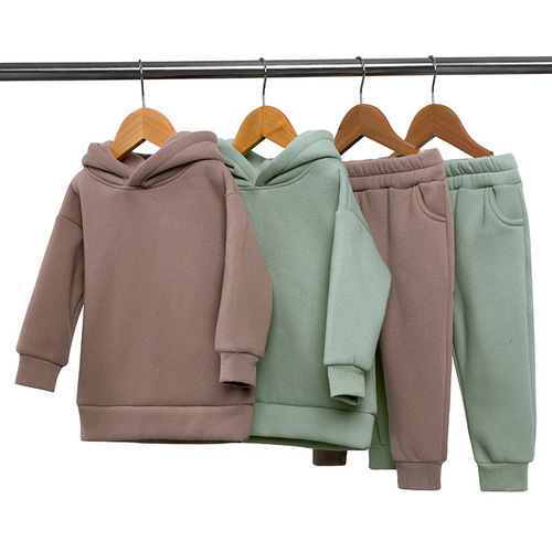 Thickened autumn and winter clothing European and American children's clothing for boys and girls sports suits casual pullover hooded sweatshirt and trousers two-piece set