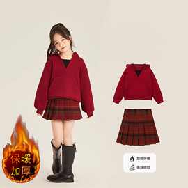 女童红色连帽套装裙2026新款洋气年服中大童装新中式百褶裙两件套