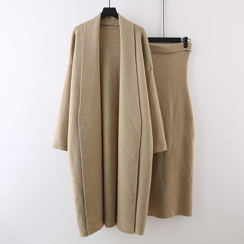 Damenbekleidung High-End-Anzug für Damen im Herbst und Winter Lazy Style Mittellanger Strickmantel Tube-Top-Kleid Zweiteiliger Anzug_voghion.com