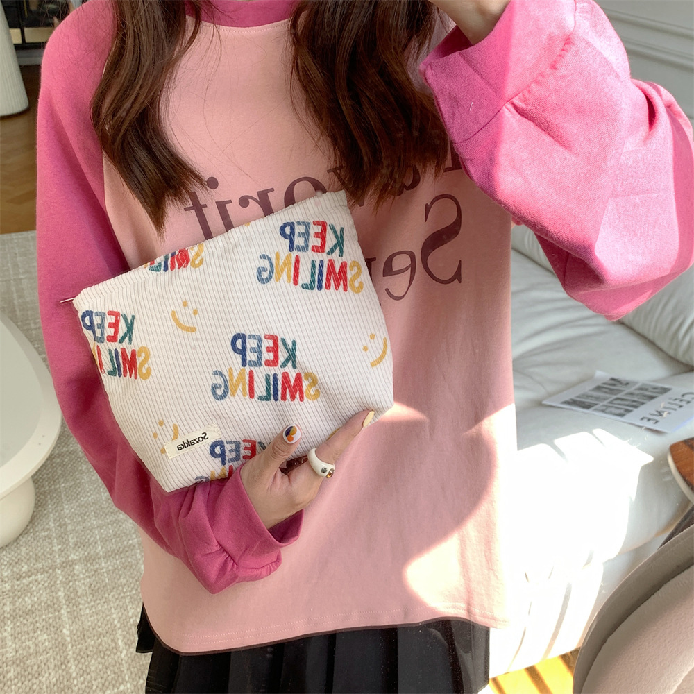 38181 New 2023 Corduroy cosmetic Bag, Letter smiley face storage, washroom clutch, Mobile phone wallet, Pen case undefined