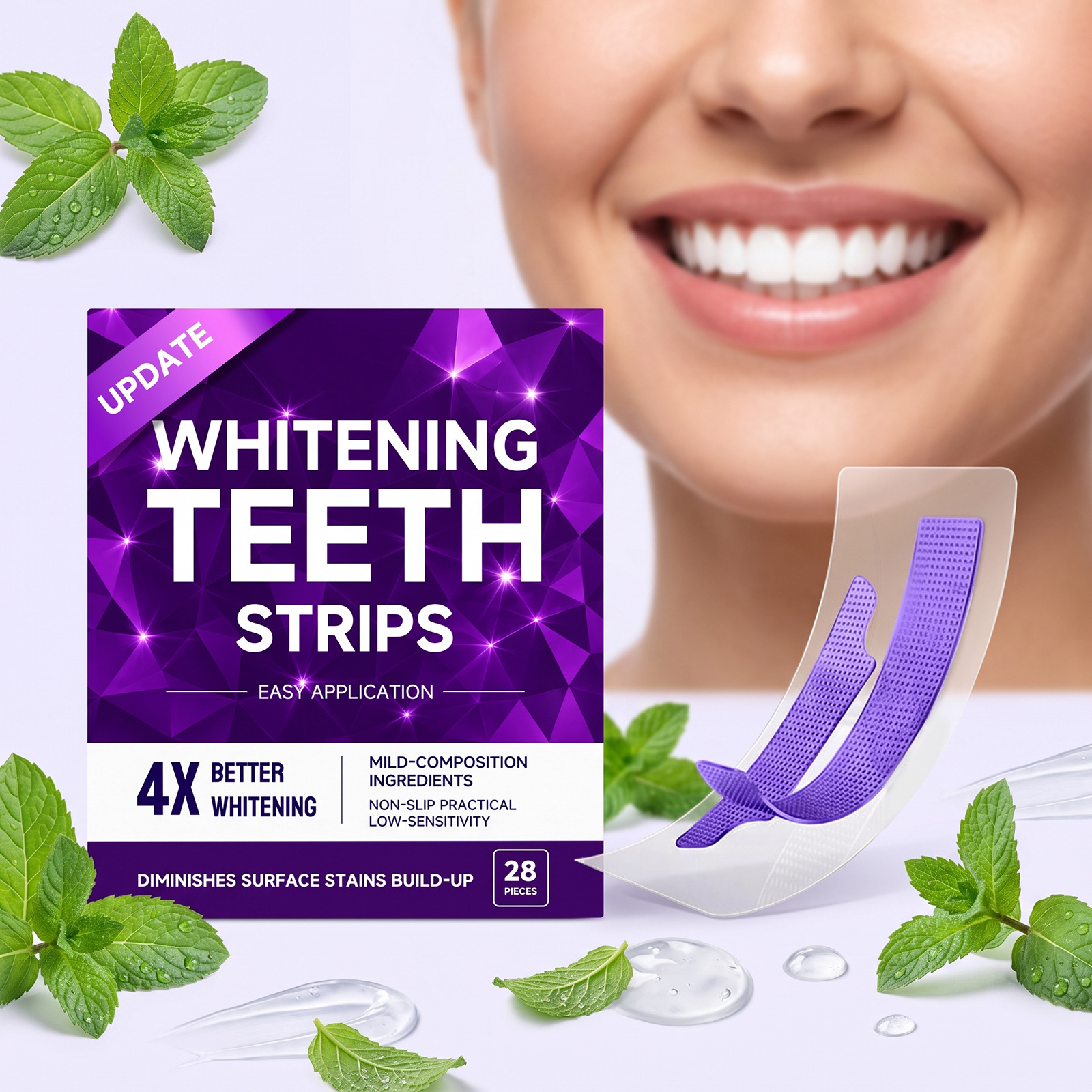 Purple teeth stain remover strips with mint fragrance for fresh breath, cleaning teeth stains, and providing a clean and shiny finish