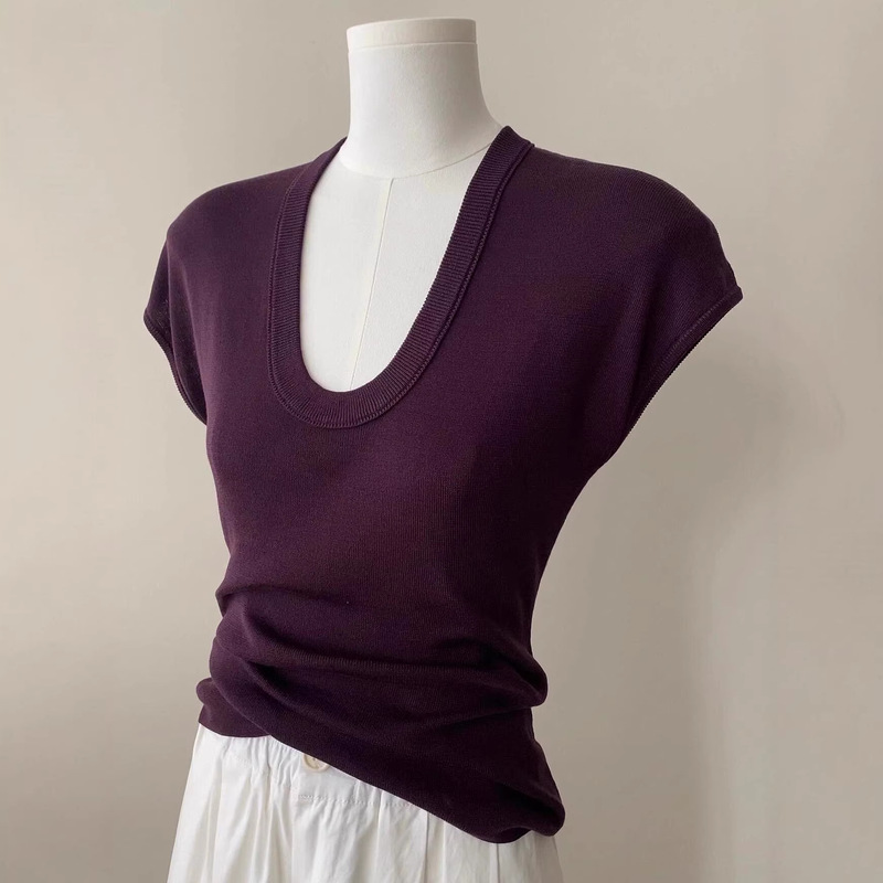 Tencel Purple U-Neck Knitted Short-Sleeve T-Shirt for Women, Thin Style, Summer Trendy, Unique and Chic, Slim Fit, Flattering Top Tencel Purple U-Neck Knitted Short-Sleeve T-Shirt for Women, Thin Style, Summer Trendy, Unique and Chic, Slim Fit, Flattering Top
