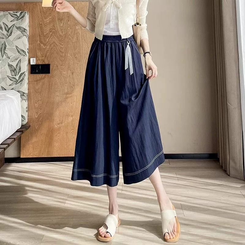 Джинсовые брюки-кюлоты из тенселя для женщин, летние тонкие миниатюрные художественные кружевные брюки с подвеской, брюки восемь четвертей, широкие брюки из ледяного шелка, юбка