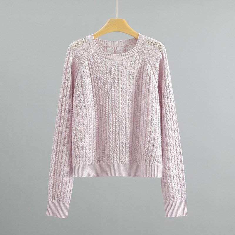 2026 New Model Japanese Imported Gold Silk and Paper Yarn Round Neck Saddle Shoulder Small Twist Knit Long Sleeve Sun Protection Cover-Up 2026 New Model Japanese Imported Gold Silk and Paper Yarn Round Neck Saddle Shoulder Small Twist Knit Long Sleeve Sun Protection Cover-Up