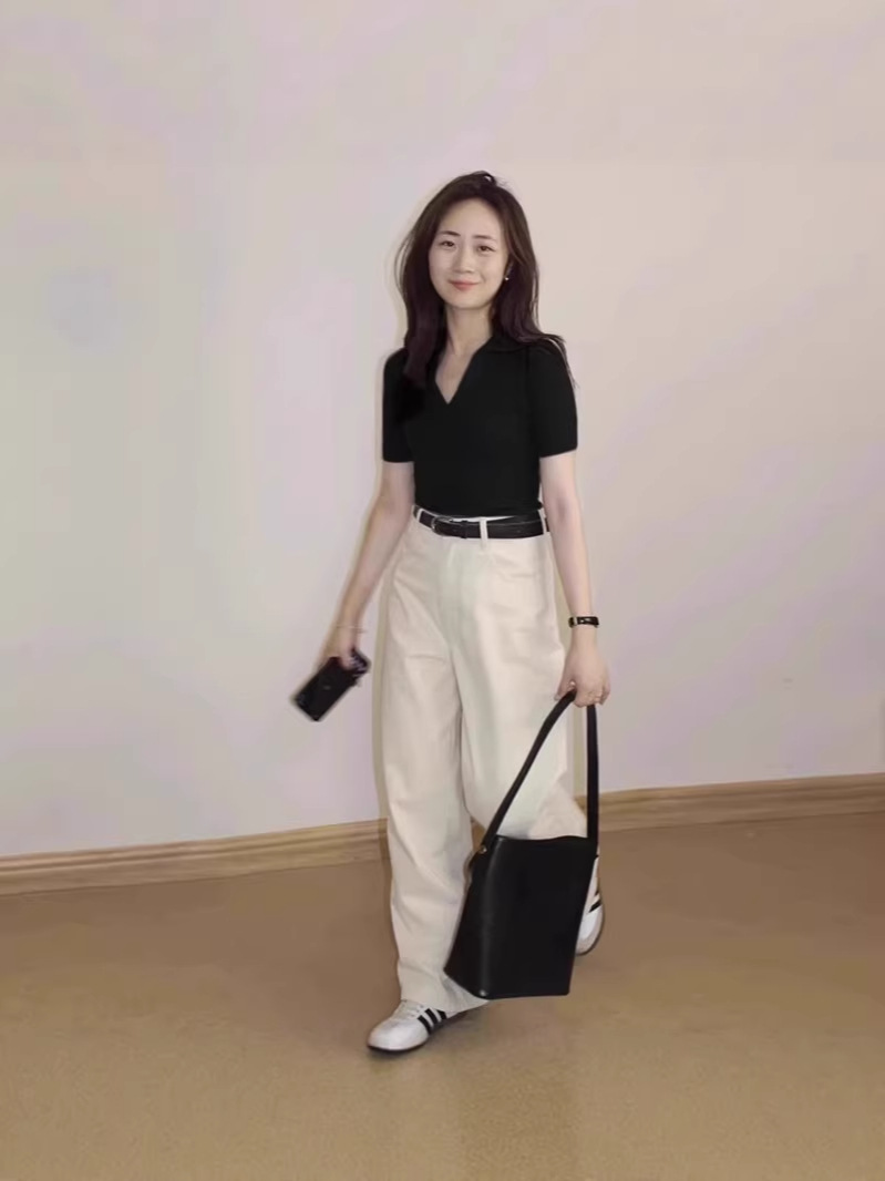 Áo thun polo nữ cổ V tay ngắn form chuẩn — đen
