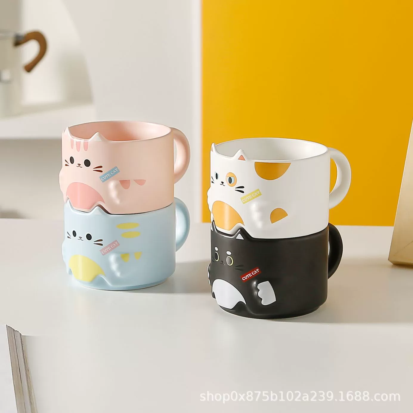 Stackable ceramic cat mugs, 301–400 ml, giftable home coffee cups, white/black/fuchsia/blue