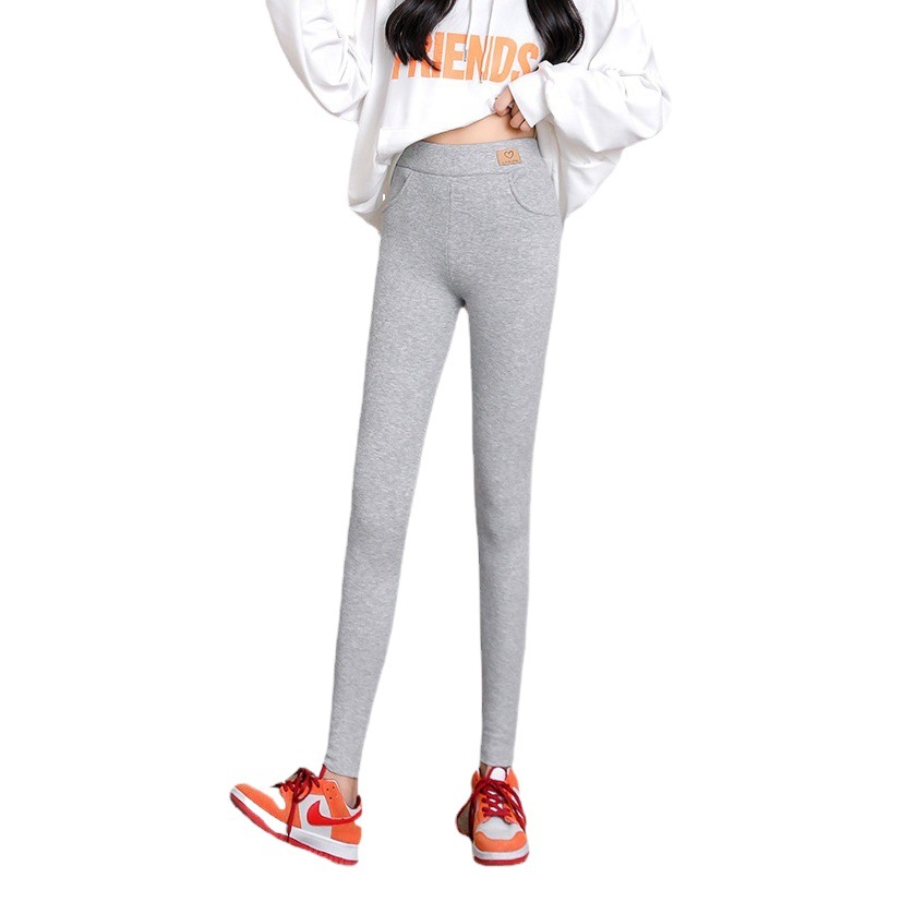 Leggings de bolsillo de lana de cordero para mujer, pantalones de algodón térmico grueso de cintura alta para otoño e invierno, adelgazantes.
