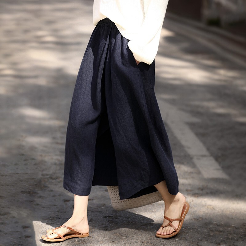 Summer Navy Blue Linen Wide-Leg Pants for Women, Thin Cotton and Linen Pants, Large Size Loose Casual Slimming Look Nine-Point Culottes Summer Navy Blue Linen Wide-Leg Pants for Women, Thin Cotton and Linen Pants, Large Size Loose Casual Slimming Look Nine-Point Culottes