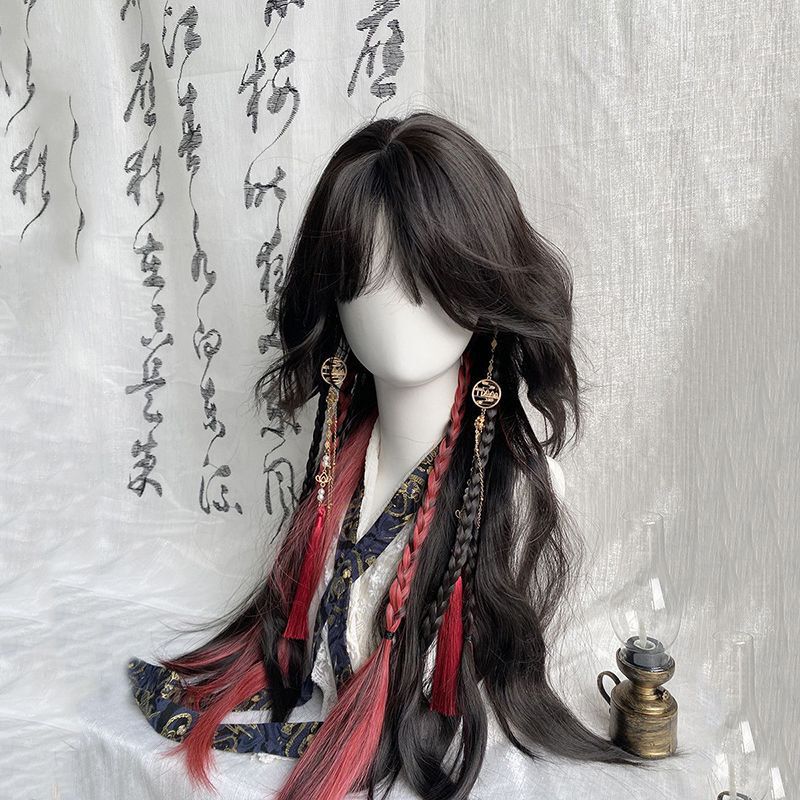 Full Wig for Women with Black and Red Highlights, Woolen Curls, Jellyfish Style, Ancient Style, Halloween Cosplay, Regular High-Temperature Fiber