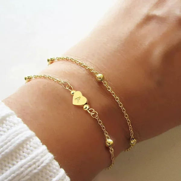 Cross-Border Hot Selling 2-Pack A-Z Initial Letter Bracelets 26 English Copper Heart Engraved Gold-Plated Bead Bracelets for Women