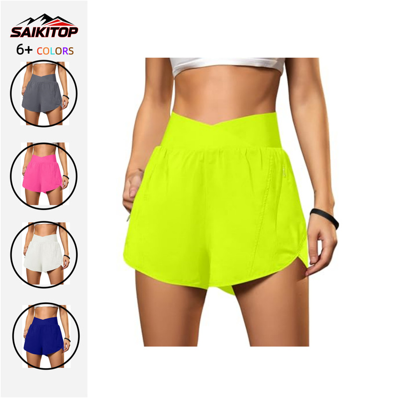 Cross-Border New Women's Outdoor Sports Running Shorts Cross-Over High-Waisted Fitness Shorts with Zipper Pockets Yoga Pants Cross-Border New Women's Outdoor Sports Running Shorts Cross-Over High-Waisted Fitness Shorts with Zipper Pockets Yoga Pants