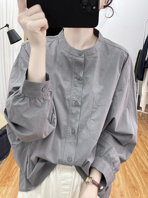 早秋设计感纯棉小立领长袖衬衫女宽松上衣2025新款打底衬衣A5656|undefined
