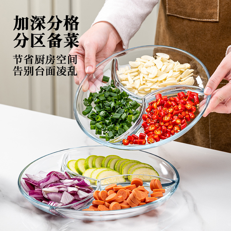 Round Tempered Glass Three-Compartment Dinner Plate, Fruit Plate, Kitchen Household Divided Serving Plate, Multi-Functional Prep Plate Round Tempered Glass Three-Compartment Dinner Plate, Fruit Plate, Kitchen Household Divided Serving Plate, Multi-Functional Prep Plate