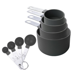8-Piece Measuring Cup and Spoon Set Gray with Scale Stainless Steel Handle Plastic Measuring Cup Measuring Spoon Baking Measuring Spoon