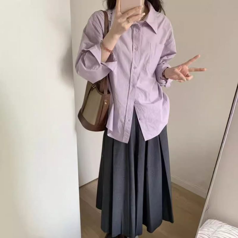 Korean Style White and Purple Long-Sleeved Shirt for Small Women in Autumn New Style French Light and Mature Casual Versatile Shirt for Layering Korean Style White and Purple Long-Sleeved Shirt for Small Women in Autumn New Style French Light and Mature Casual Versatile Shirt for Layering