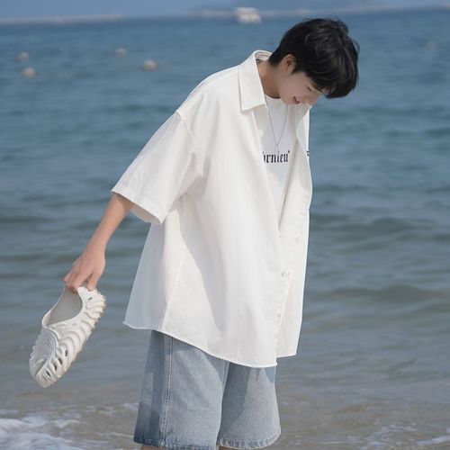 Men's Loose Trendy Korean Style Summer White Short Sleeve Shirt Work Collar Blouse Casual Outerwear