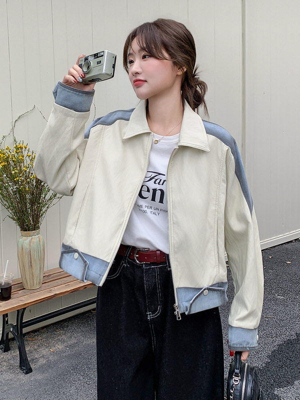 设计感复古牛仔拼接皮衣外套2025新款女春秋韩版PU皮短工装夹克|undefined