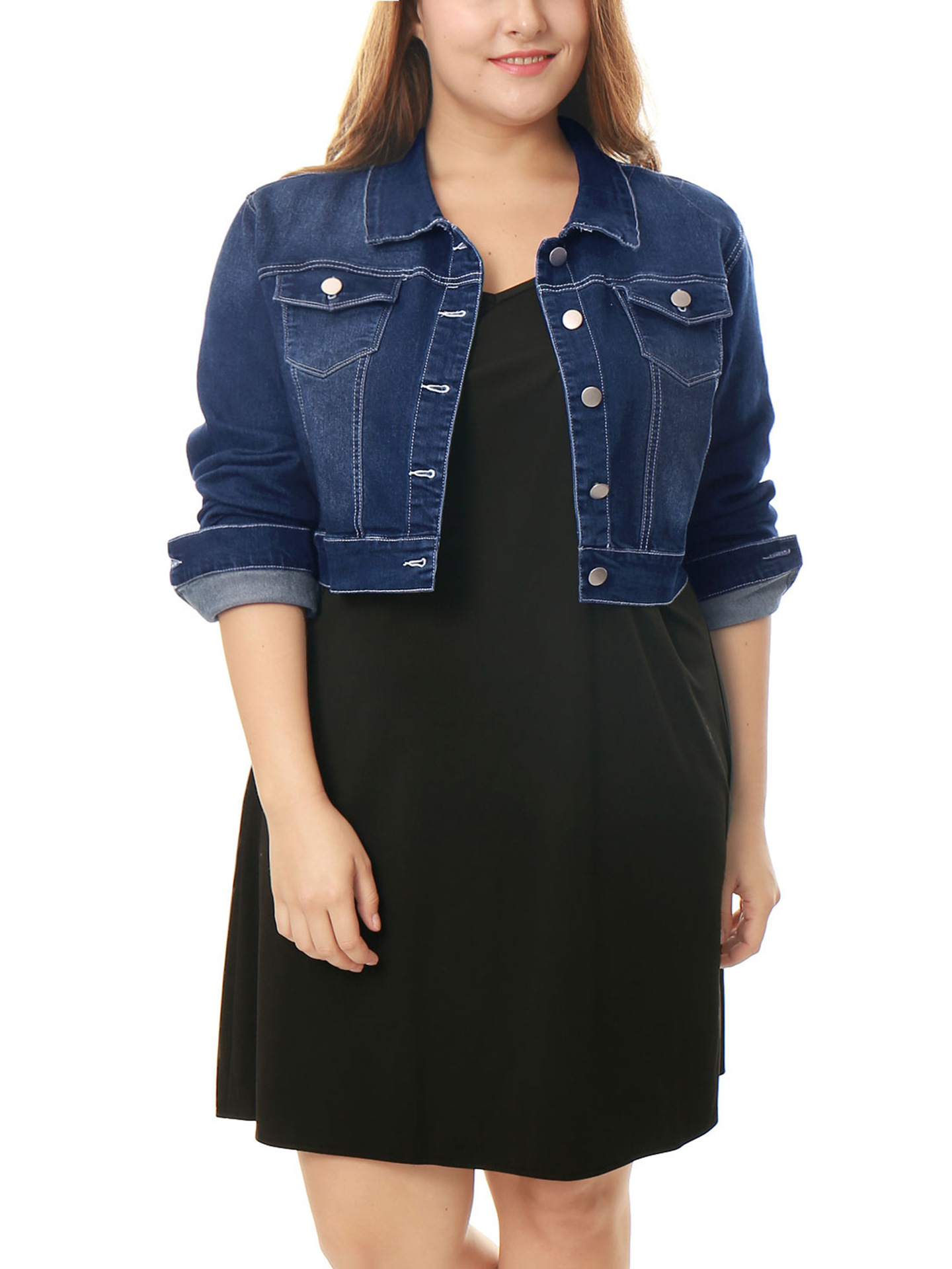 Women'S Plus Size Button Closed Cropped Denim Jackets Cross-border