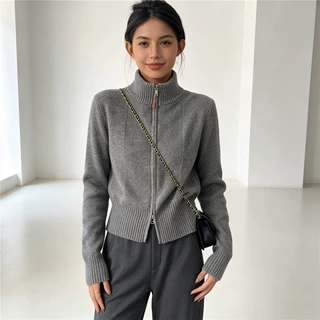 跨境货源2026秋冬立领双拉链毛衣女修身短款坑条长袖宽松针织开衫