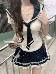 学院风海军领t恤套装女新款夏季2025超火高腰甜美减龄波点半身裙