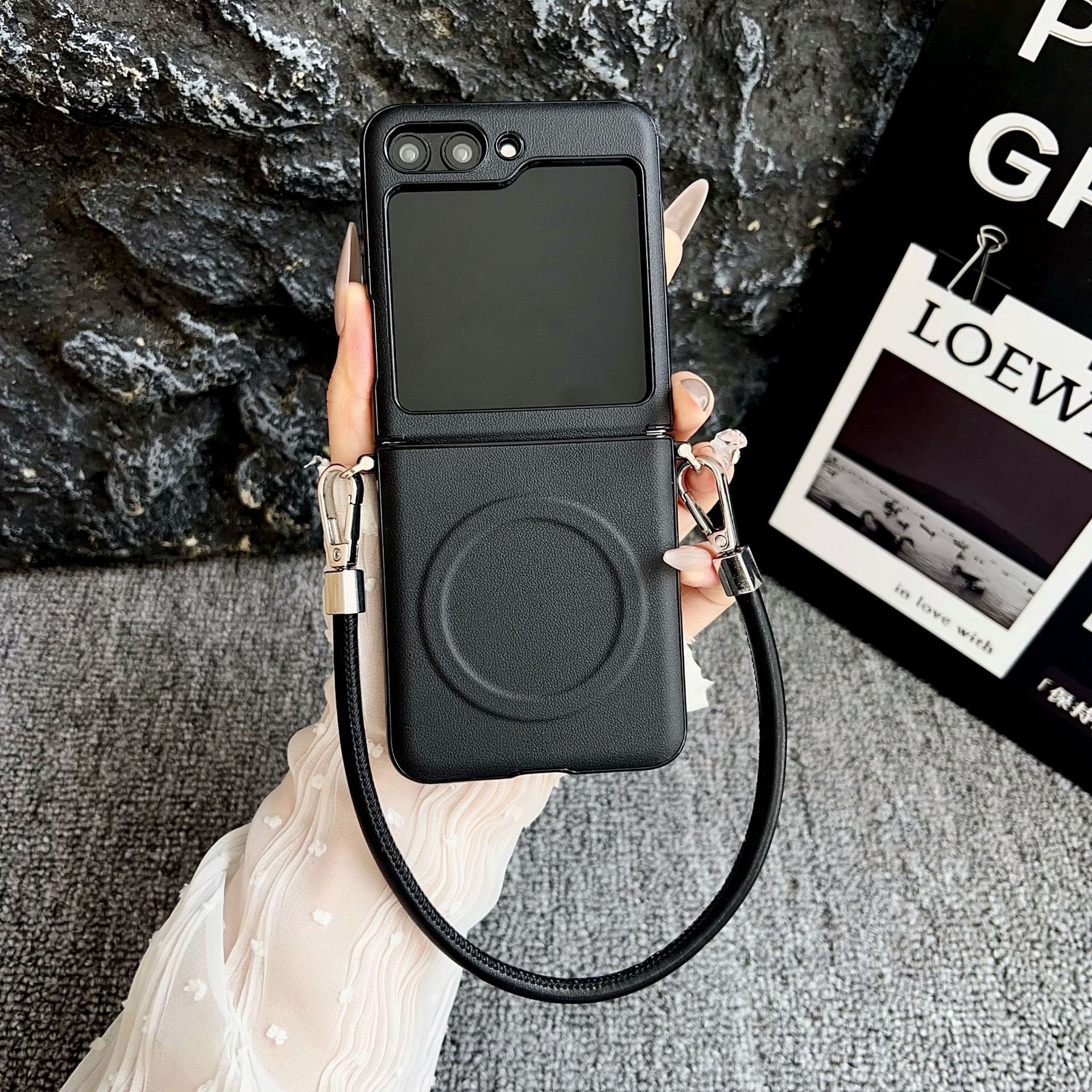 Magnetic Leather Case With Bracelet For Samsung Z Flip 5 And 4_voghion.com