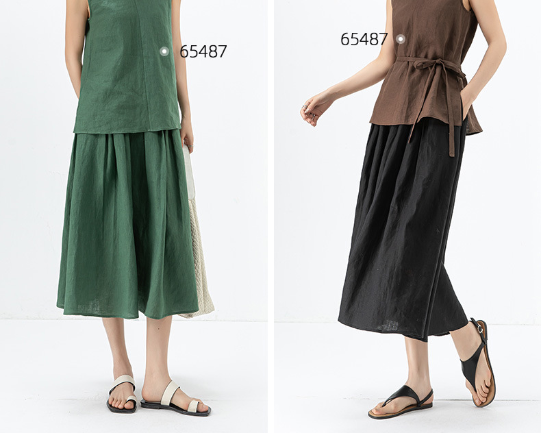 Chân váy chữ A midi vải lanh rủ phong cách cổ điển đi làm, cạp thun che hông, xòe rộng mùa hè — Màu đen chi tiết 8