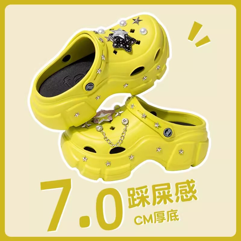 Summer Thick-bottom High-top Hole Slippers Women's Outdoor Wear High-heeled Thick-bottom Metal Rivet Heightened Shit-feeling Sandals