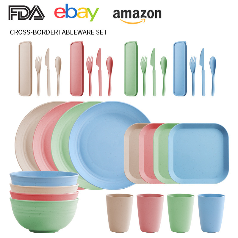 Cross-Border Amazon Wheat Straw Dishes and Plates Outdoor 4-Person 32-Piece Portable Set Tableware Knife, Fork and Spoon