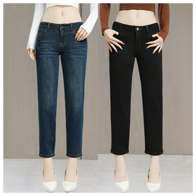 Low-Waisted Women's Straight-Leg Cigarette Pants for Short People, Cropped Jeans, Loose Fit, Slimming, Stretchy, Versatile, Sexy, Cropped, Low-Rise