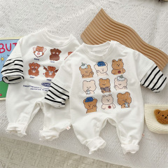 春秋新款嬰兒服裝潮款長袖男女寶寶連身衣 滿印小熊Ins風哈衣爬服