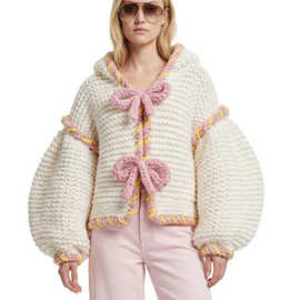 现货 秋冬跨境欧美外贸新款纯手工蝴蝶结纯色连帽毛衣外套sweater