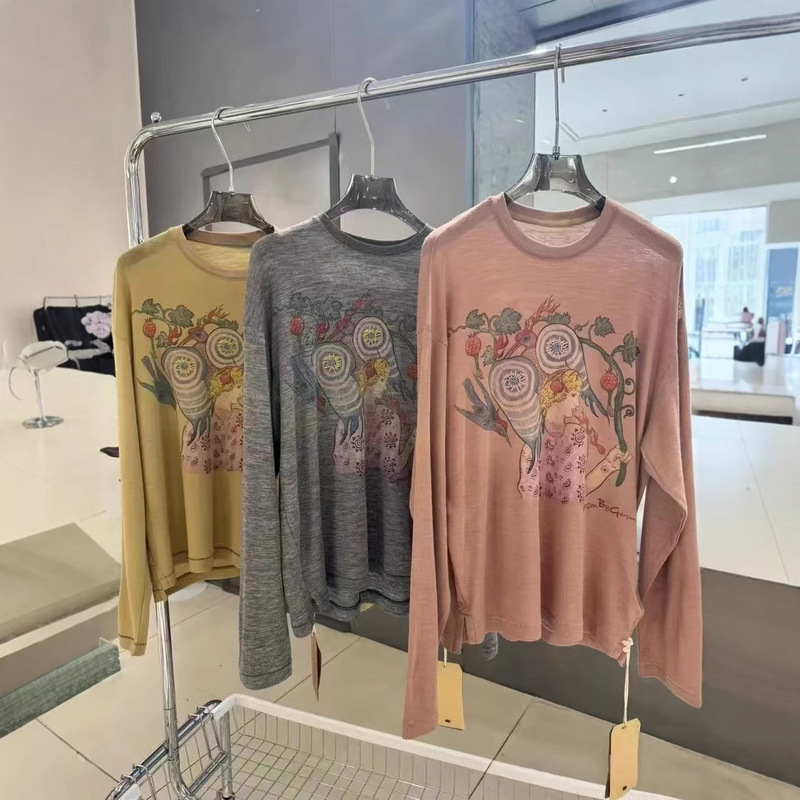 Yb Custom-Dyed Fabrics Support Original Contrasting Bird Boy Pattern Wool Blended Printed Beaded T-Shirt Sun Protection Shirt