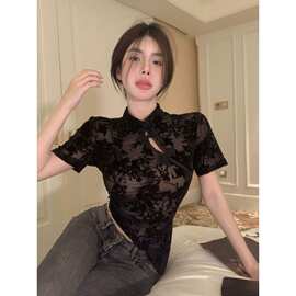 中国风立领盘扣网纱不规则短袖T恤女夏高级感蕾丝衫炸街显瘦上衣