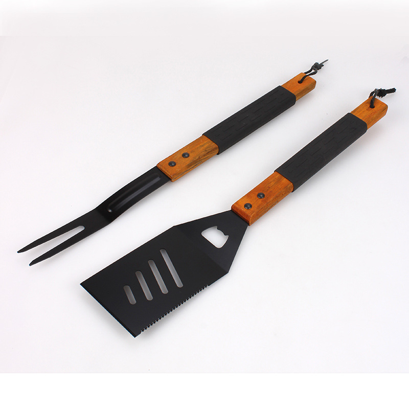 Mango de madera herramientas de barbacoa 2 piezas de acero inoxidable BBQ spray antiadherente negro pintura para hornear juego traje mango de madera con manga de goma para hornear tenedor