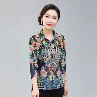 竹语声2024新款春装中年女装衬衫台湾网纱妈妈装大码春装开衫上衣