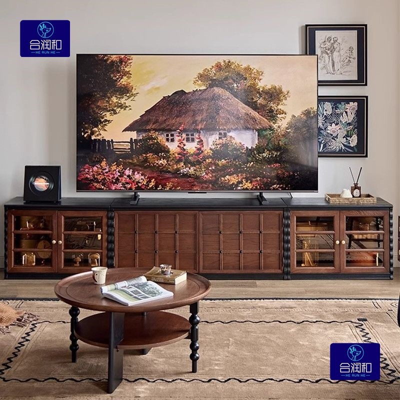 New American-Style Small Apartment Living Room Storage Cabinet French Solid Wood Antique Retro Coffee Table Tv Cabinet Floor Set