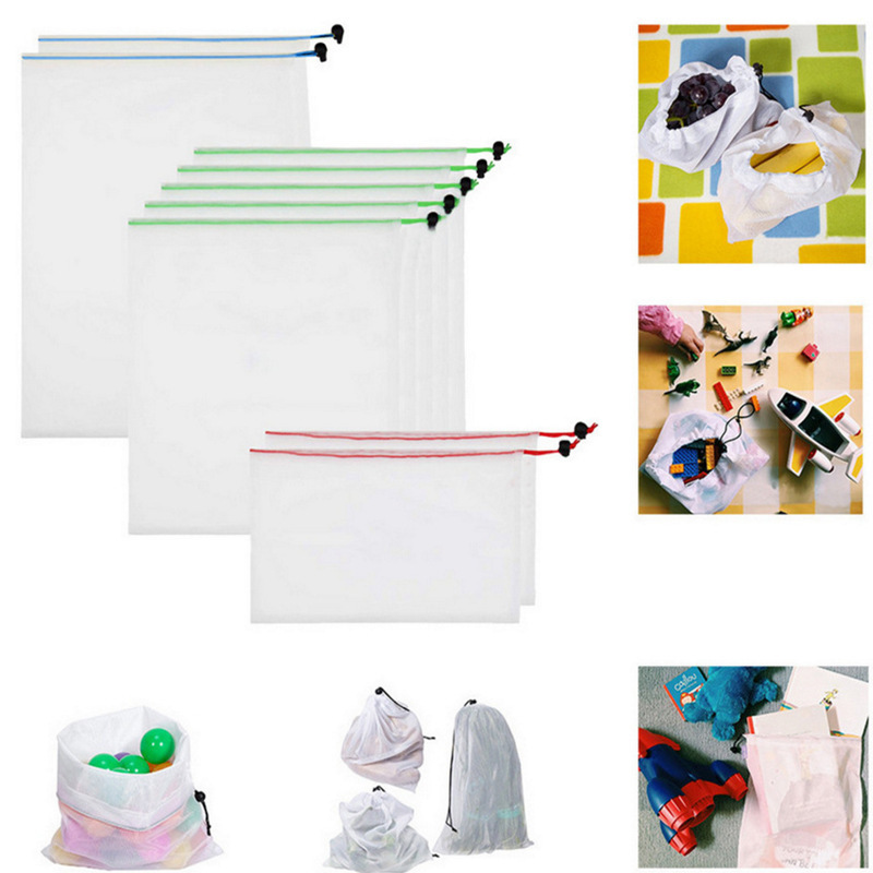 Cross-Border Colorful Rope Vegetable and Fruit Mesh Bags, Reusable Polyester Supermarket Shopping Bags, Mesh Drawstring Storage Bags