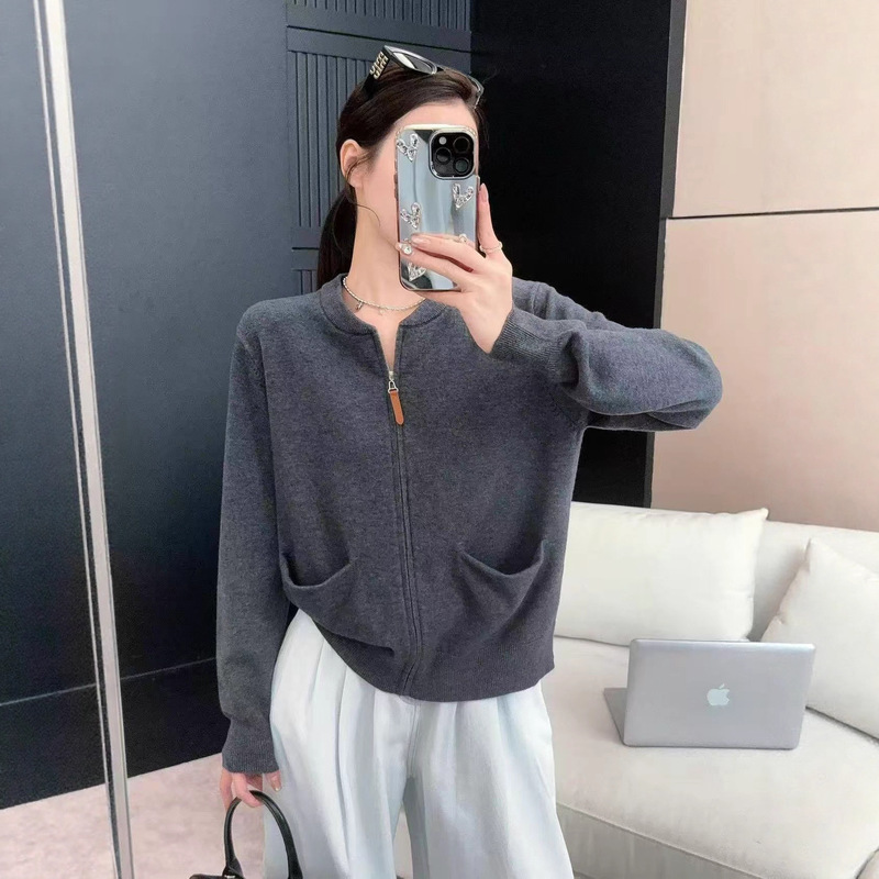 复古慵懒风软糯毛衣外套女秋季2025新款口袋拉链极简显瘦针织上衣|undefined