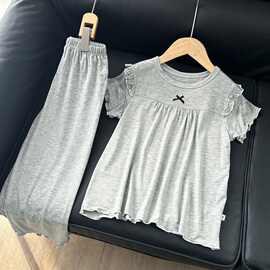 黁白夏季女童短袖睡衣莫代尔家居服空调服套装冰丝薄款女小中大童