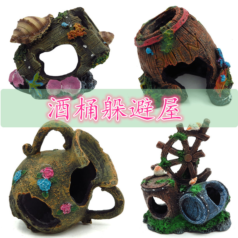Accesorios de acuario decoración del tanque de peces paisaje caja de orugas del tanque de peces Casa Refugio artesanía de resina antigua Concha Cubo de vino