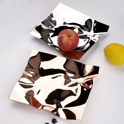 Creative stainless steel fruit plate model room living room decoration jewelry storage metal tray wavy pattern irregular fruit plate