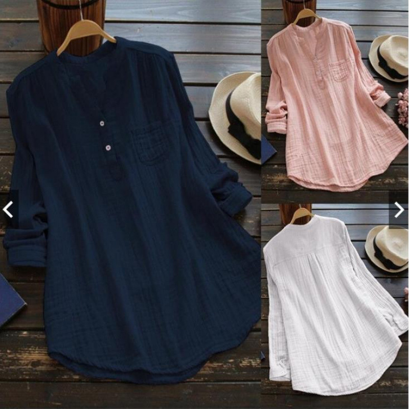 in stock plus size cotton and linen long-sleeved top women's European and American loose three-color foreign trade women's shirt