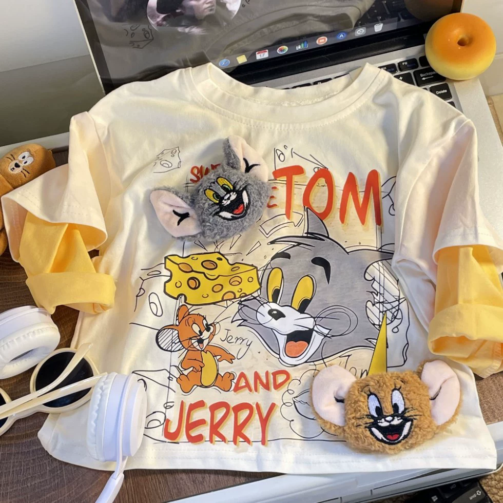 Футболка с длинным рукавом для мальчиков, хлопок, 3D Tom & Jerry, демисезон, бежевый