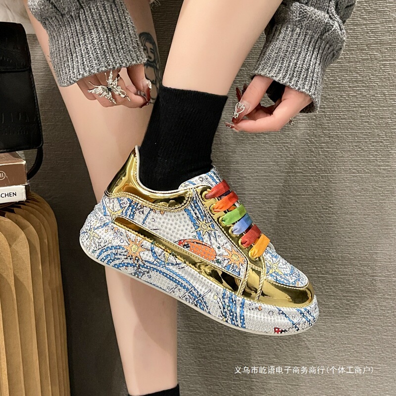 Colorful Rhinestone Graffiti Sports Casual Women's Sneakers, Breathable Low-Top Spring and Autumn New Style Dad Shoes, Fashionable Women's Single Shoes Colorful Rhinestone Graffiti Sports Casual Women's Sneakers, Breathable Low-Top Spring and Autumn New Style Dad Shoes, Fashionable Women's Single Shoes