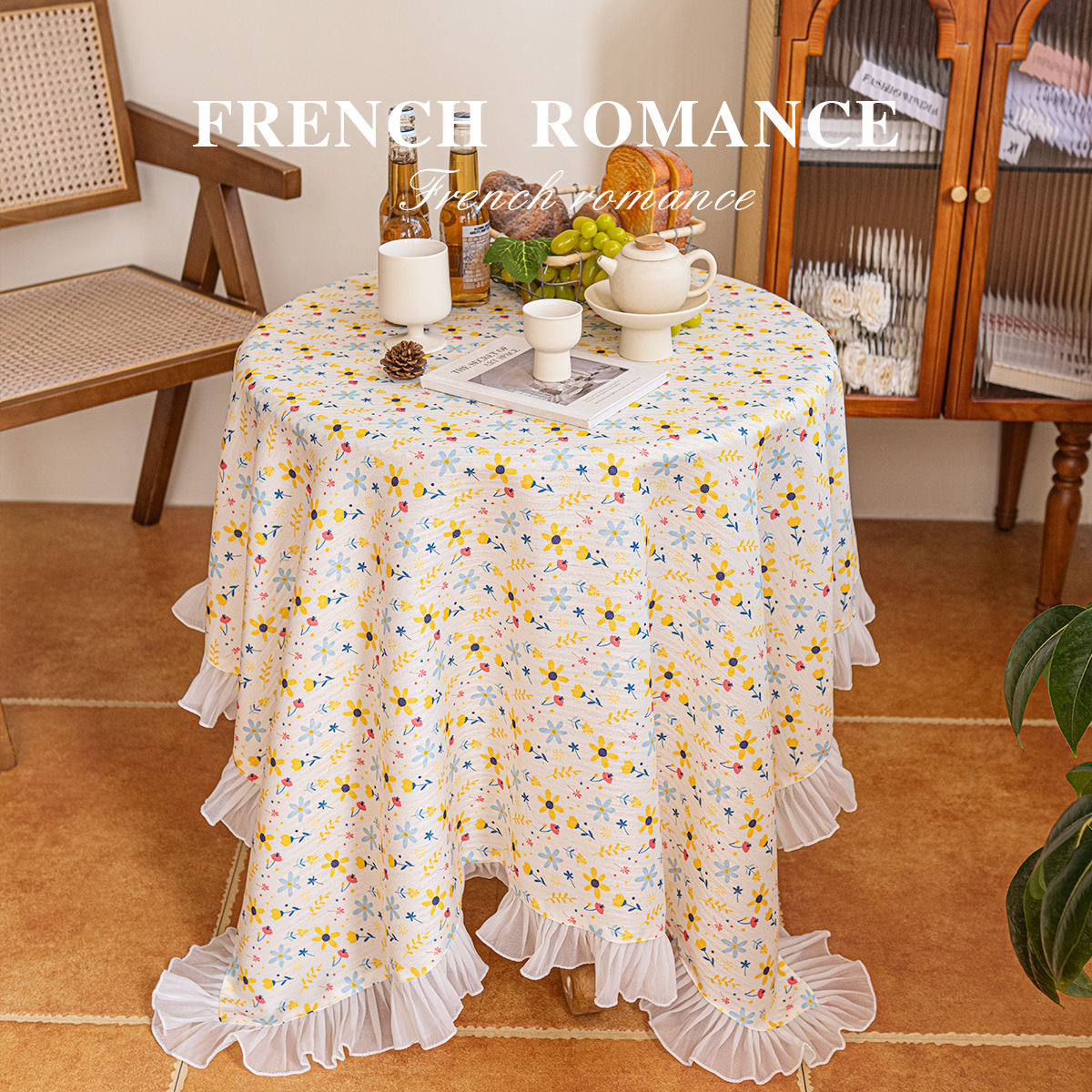 Mantel redondo elegante y romántico de estilo francés, estampado floral pastoral, mesa de centro de lujo fresca y ligera con encaje._voghion.com