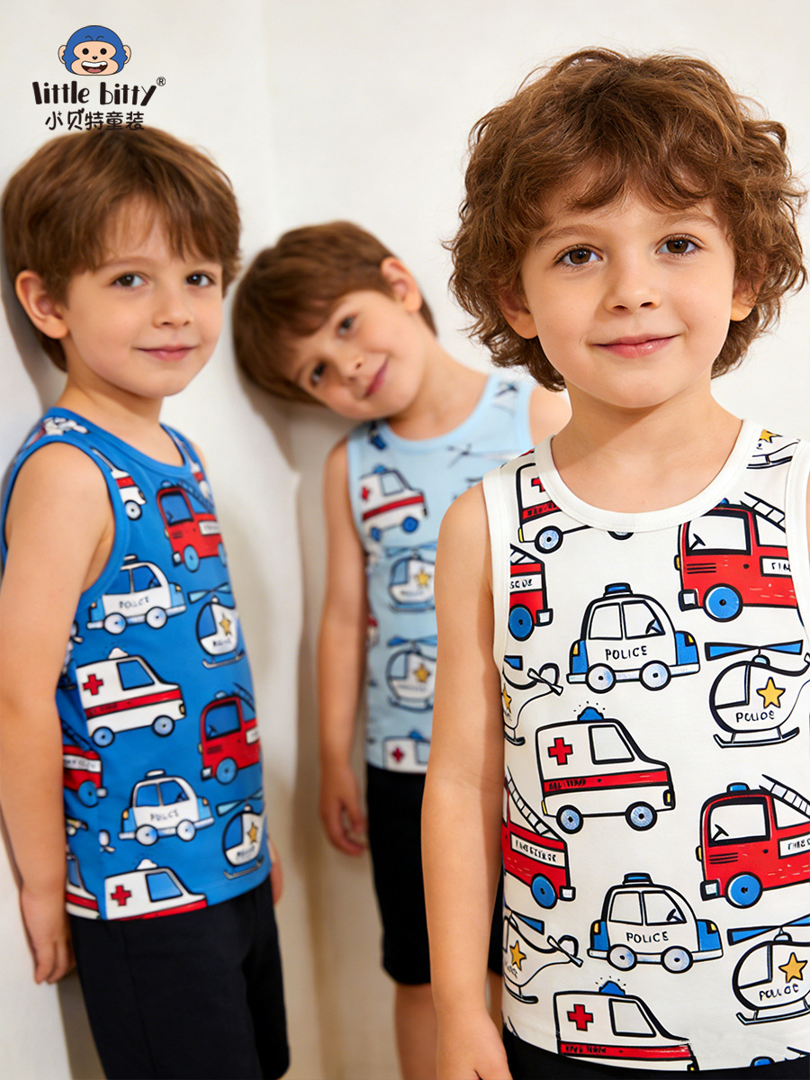 European and American Cross-Border 26-Year Spring/Summer Children's Sleeveless Vest with Cartoon Car Print Round Neck Top Wholesale in Stock
