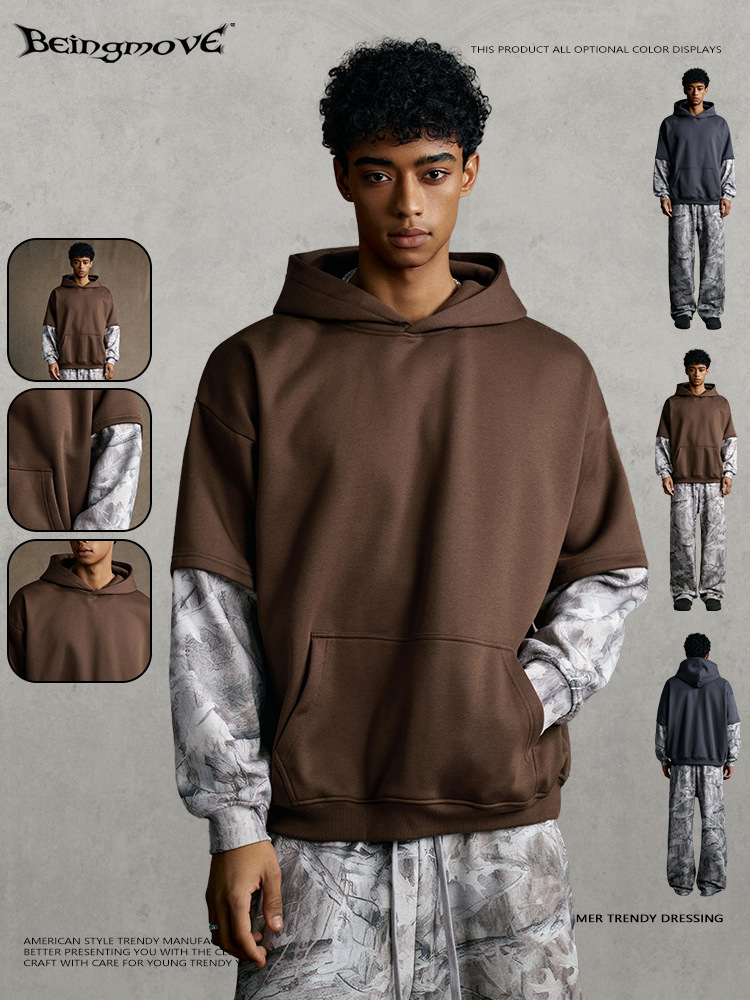 Calle secada| 2025 otoño de moda americana juvenil falso dos piezas de color camuflado suelto chaqueta con capuz para hombre