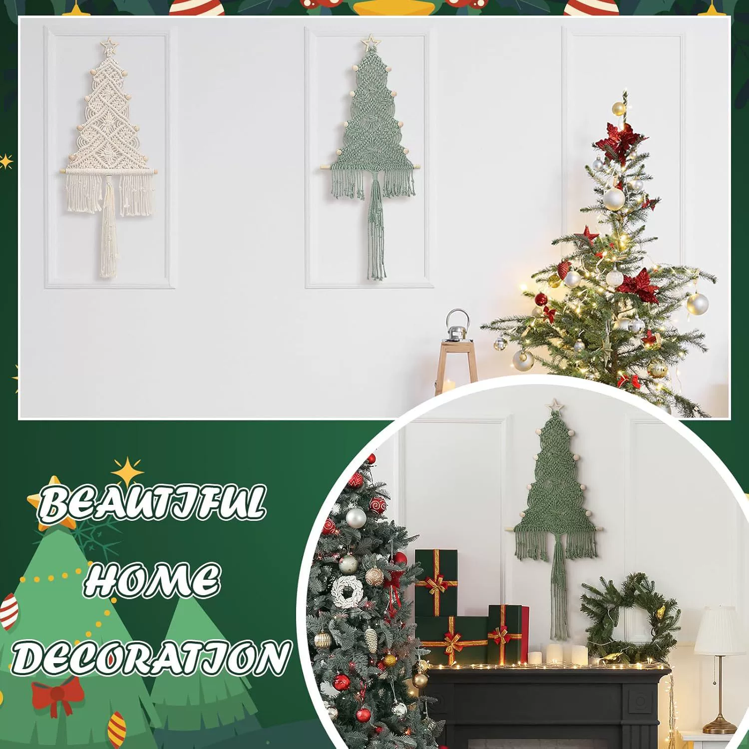 handmade cotton rope macramé Christmas tree wall hanging, tassel decoration, 26×15×2 cm
